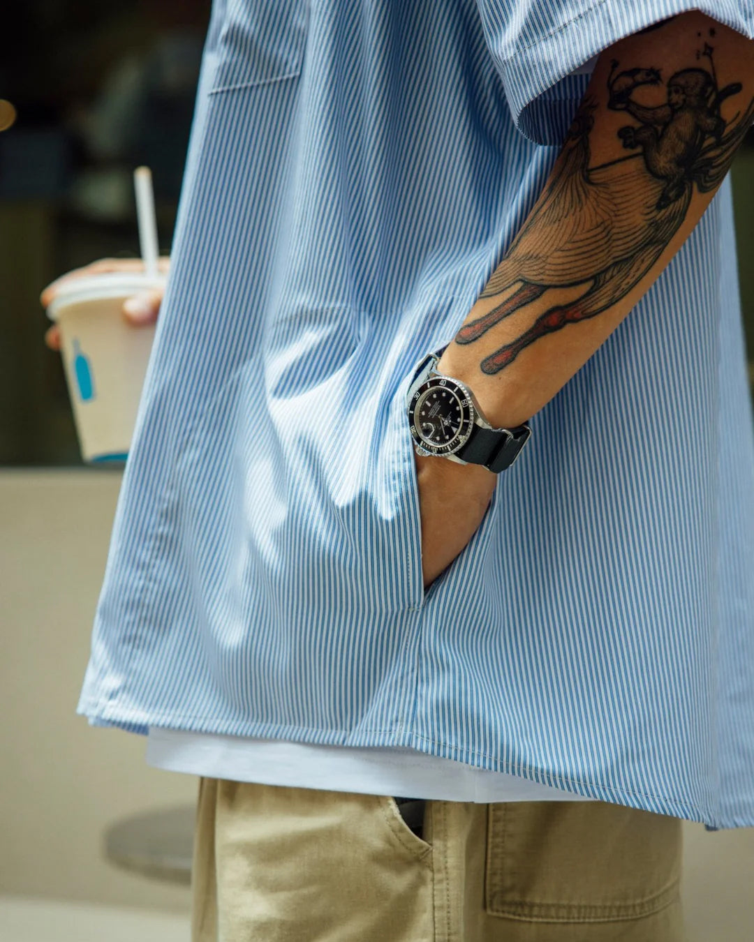 Pocket Short Sleeve Stripe Shirt - Blue