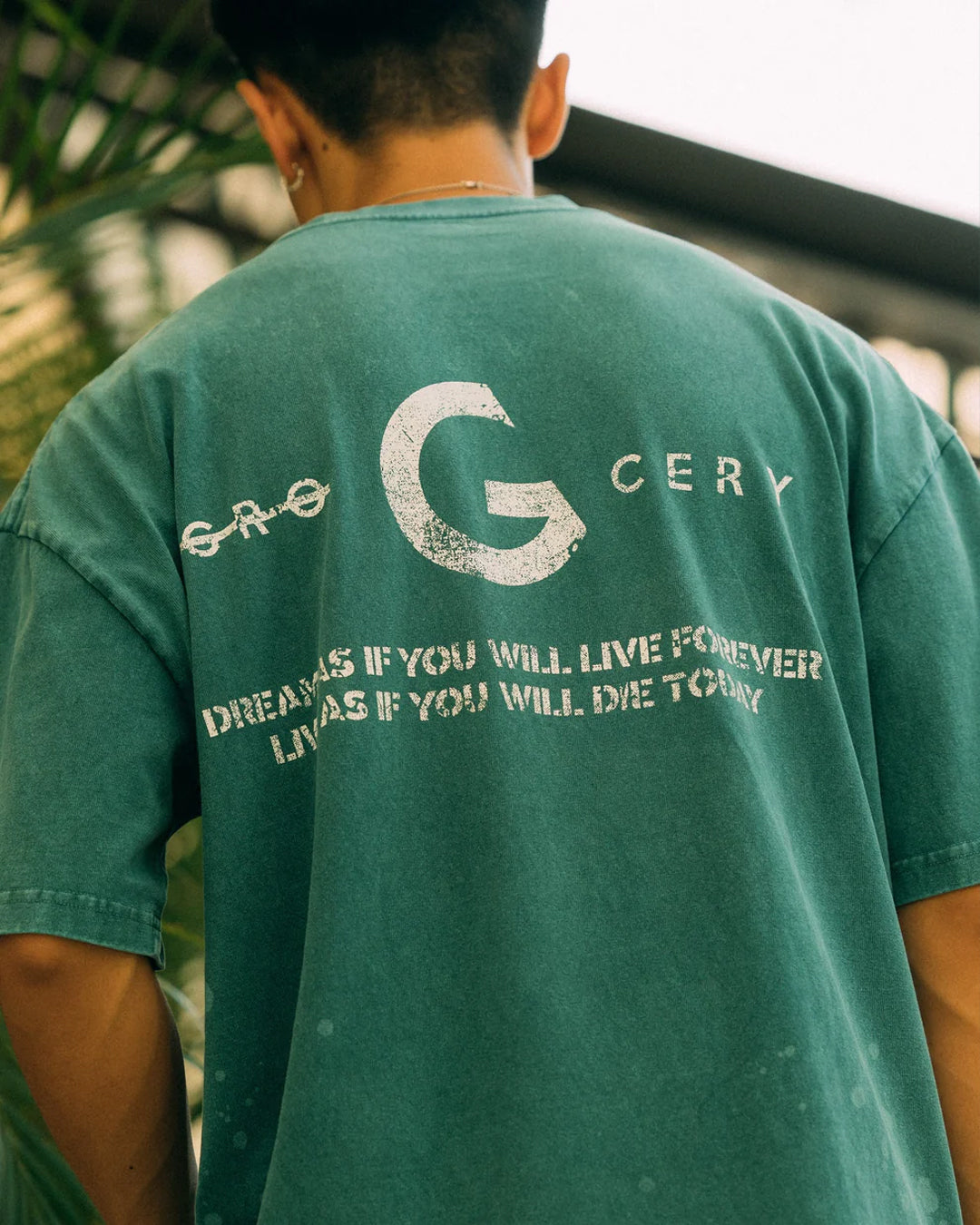 Sand Washed Painted Slogan Tee - Green