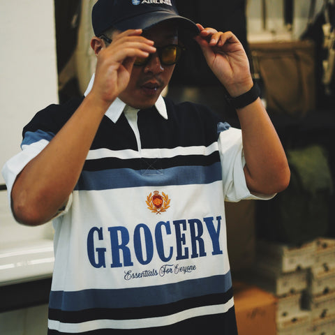 GROCERY COLLEGE LOGO STRIPE POLO SHIRT - CREAM & NAVY