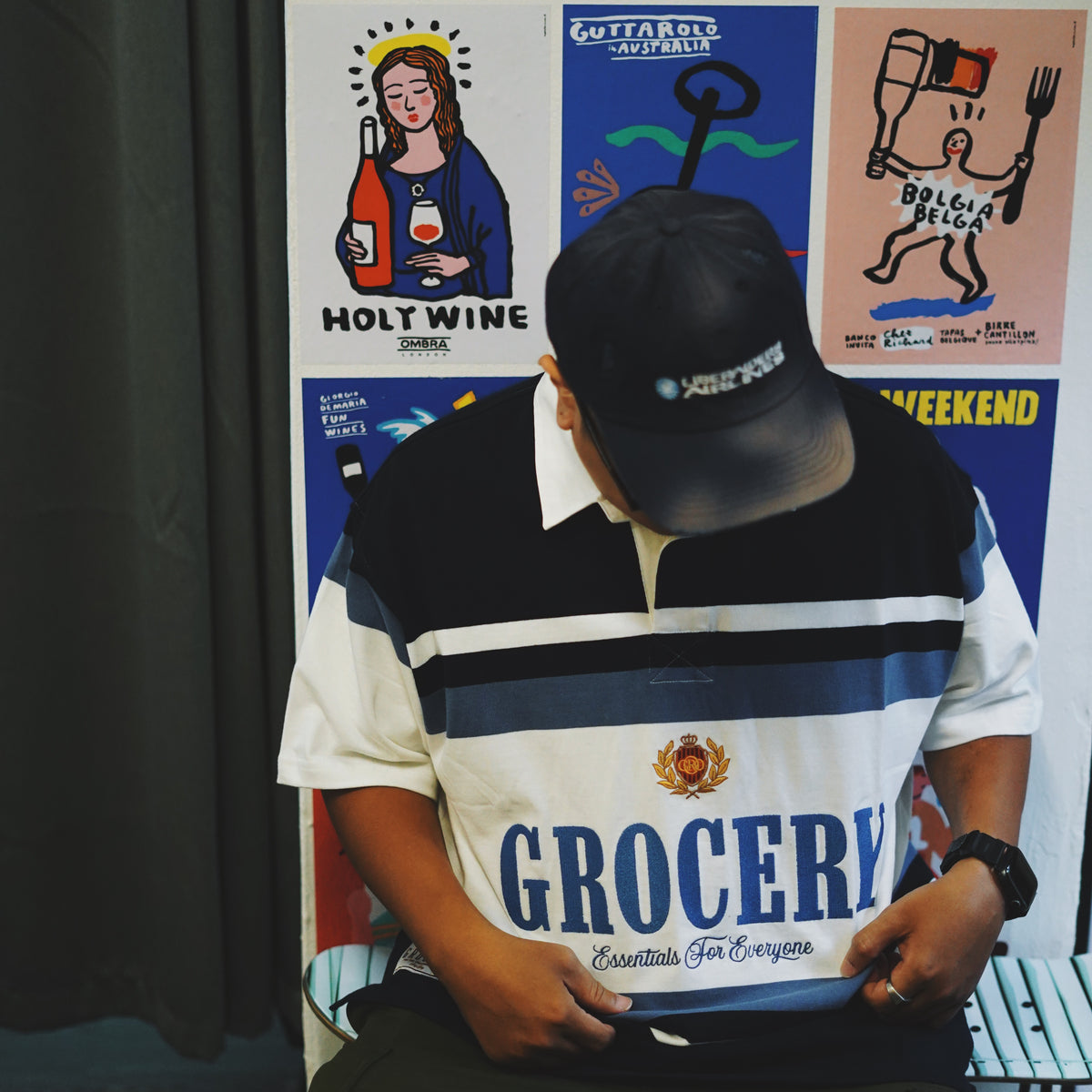 GROCERY COLLEGE LOGO STRIPE POLO SHIRT - CREAM & NAVY