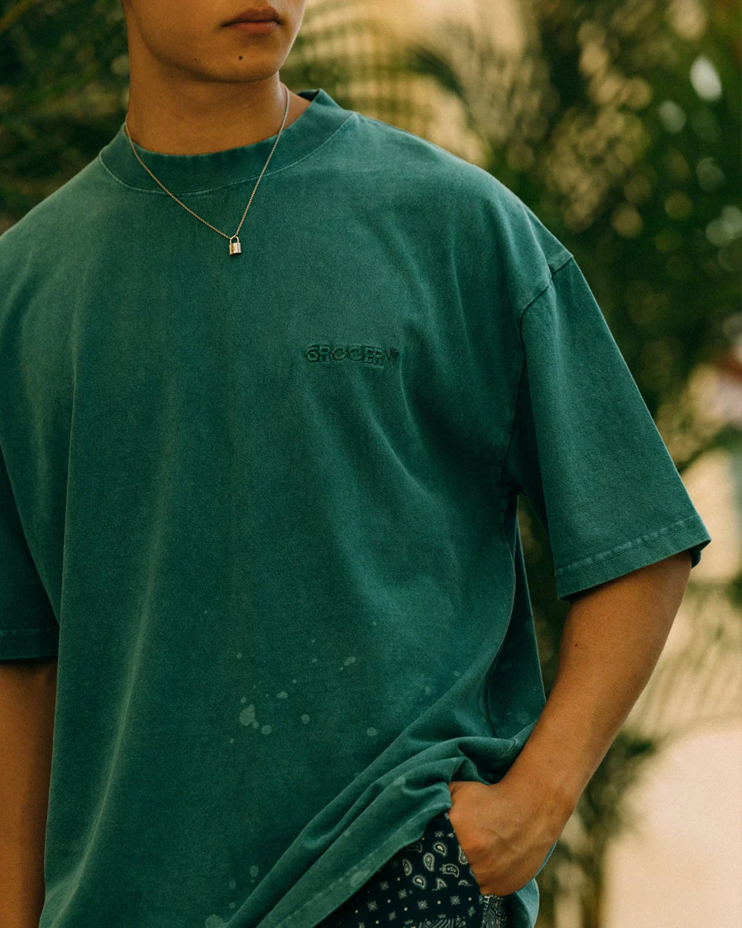 Sand Washed Painted Slogan Tee - Green