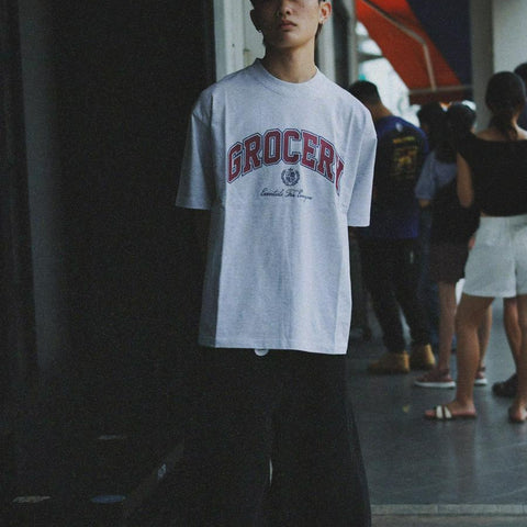 GROCERY VINTAGE COLLEGE LOGO BOXY TEE/ HEATHER GREY