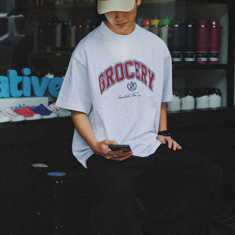 GROCERY VINTAGE COLLEGE LOGO BOXY TEE/ HEATHER GREY