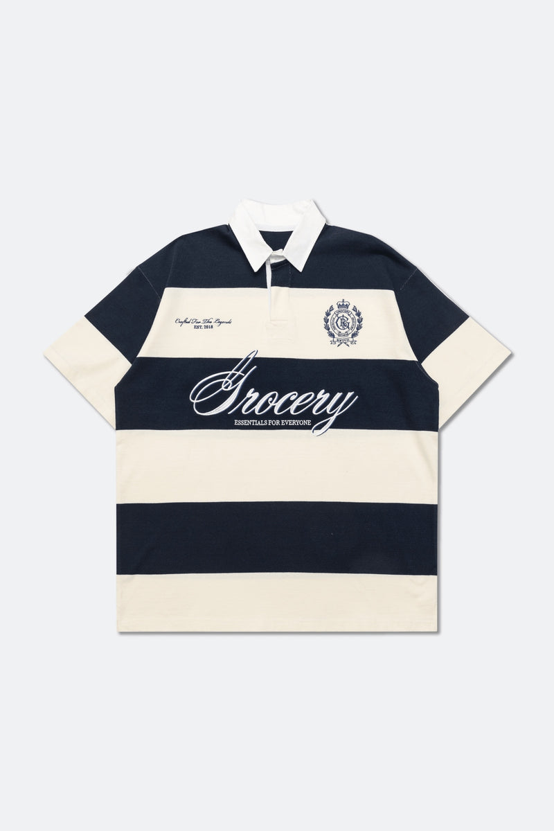 COLLEGE EMBLEM EMBROIDERY LOGO STRIPE POLO SHIRT/ CREAM & NAVY