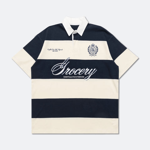 COLLEGE EMBLEM EMBROIDERY LOGO STRIPE POLO SHIRT/ CREAM & NAVY