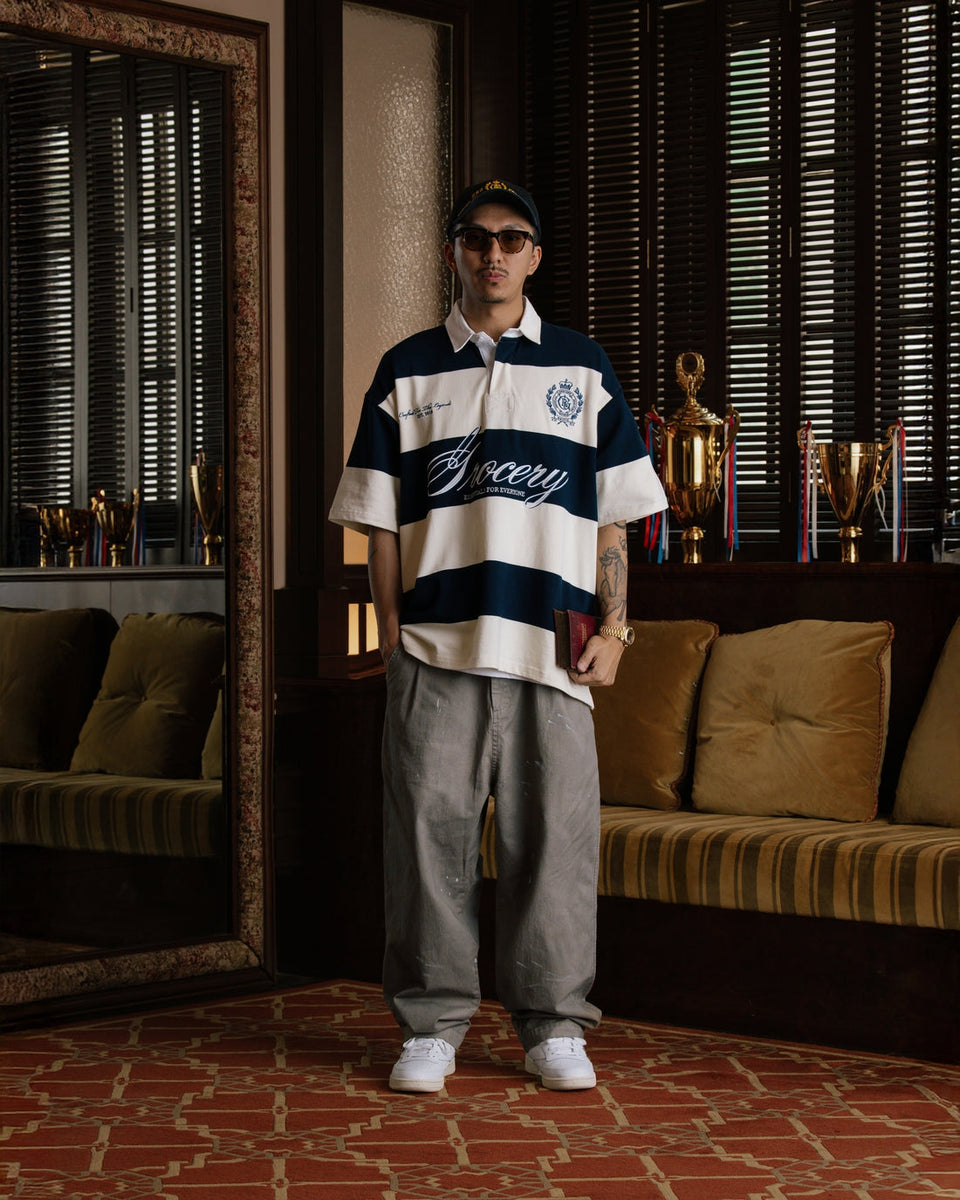 COLLEGE EMBLEM EMBROIDERY LOGO STRIPE POLO SHIRT/ CREAM & NAVY