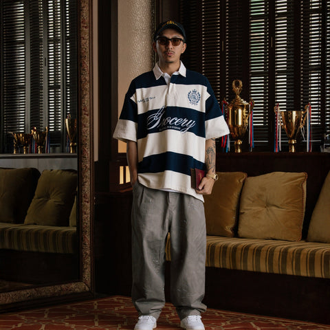 COLLEGE EMBLEM EMBROIDERY LOGO STRIPE POLO SHIRT/ CREAM & NAVY