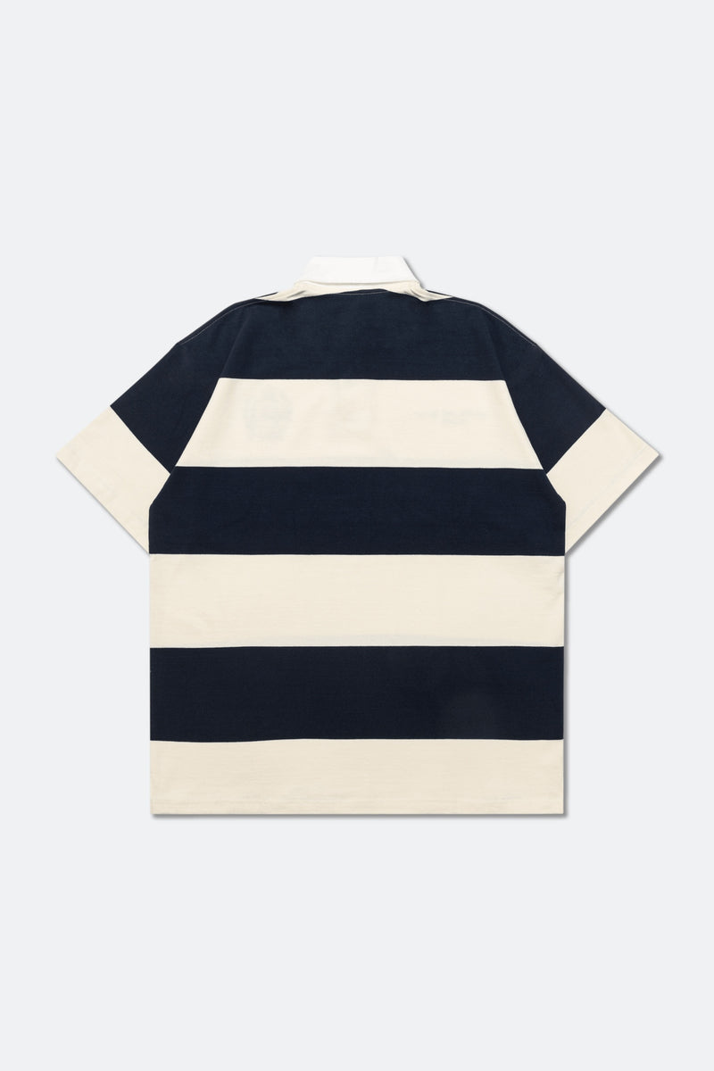 COLLEGE EMBLEM EMBROIDERY LOGO STRIPE POLO SHIRT/ CREAM & NAVY
