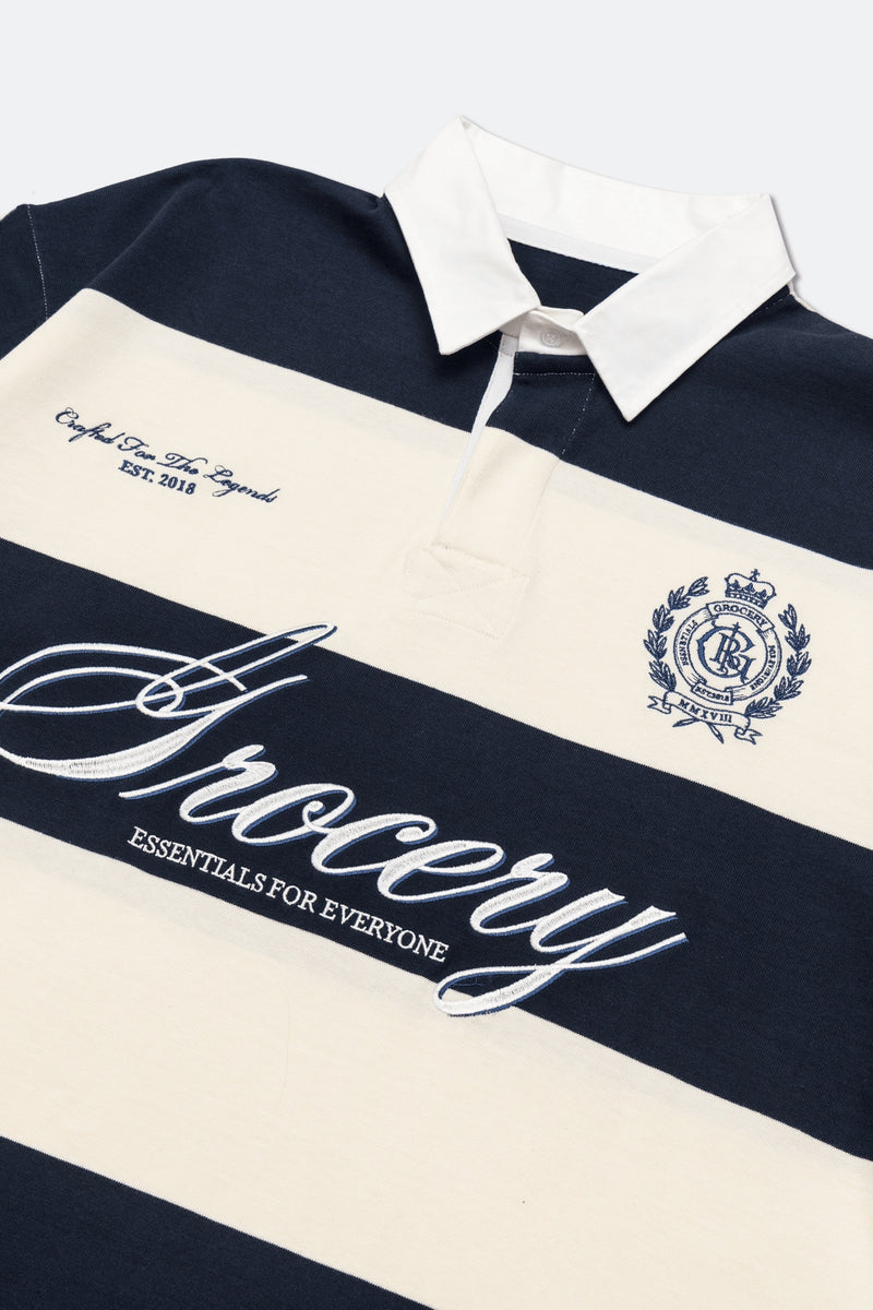 COLLEGE EMBLEM EMBROIDERY LOGO STRIPE POLO SHIRT/ CREAM & NAVY