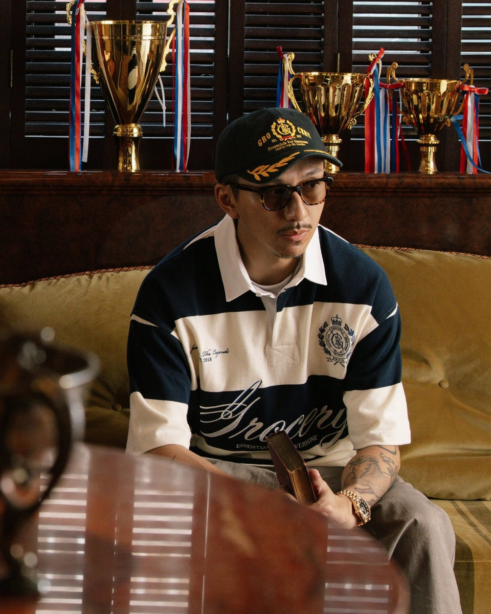 COLLEGE EMBLEM EMBROIDERY LOGO STRIPE POLO SHIRT/ CREAM & NAVY