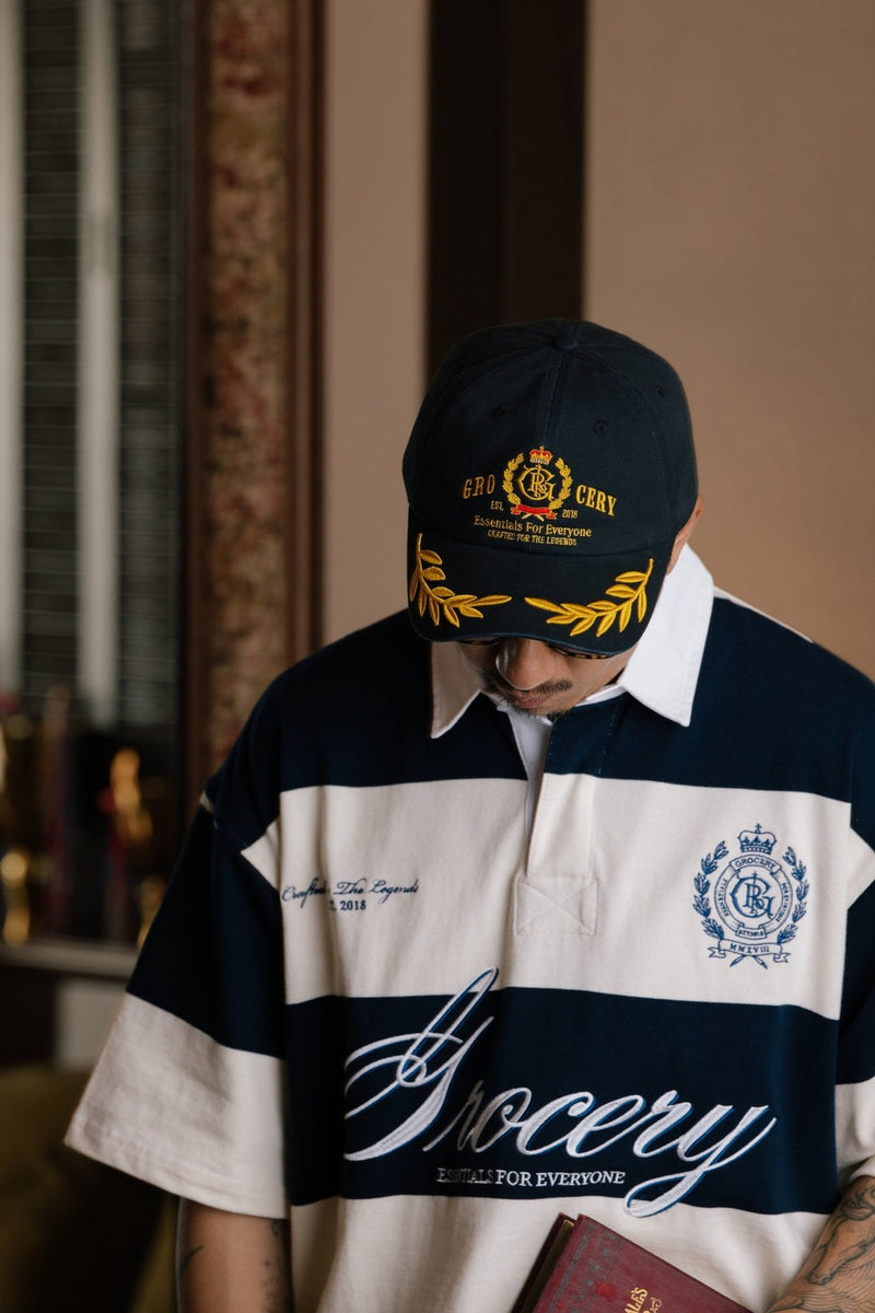 COLLEGE EMBLEM EMBROIDERY LOGO STRIPE POLO SHIRT/ CREAM & NAVY