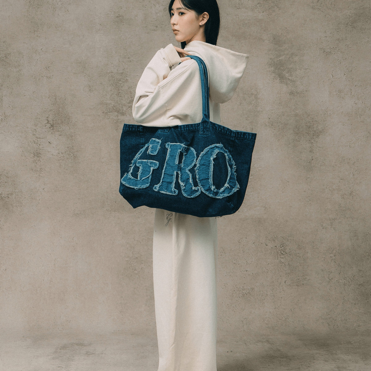 DENIM PATCHWORK LOGO SHOPPER TOTE BAG/ INDIGO BLUE