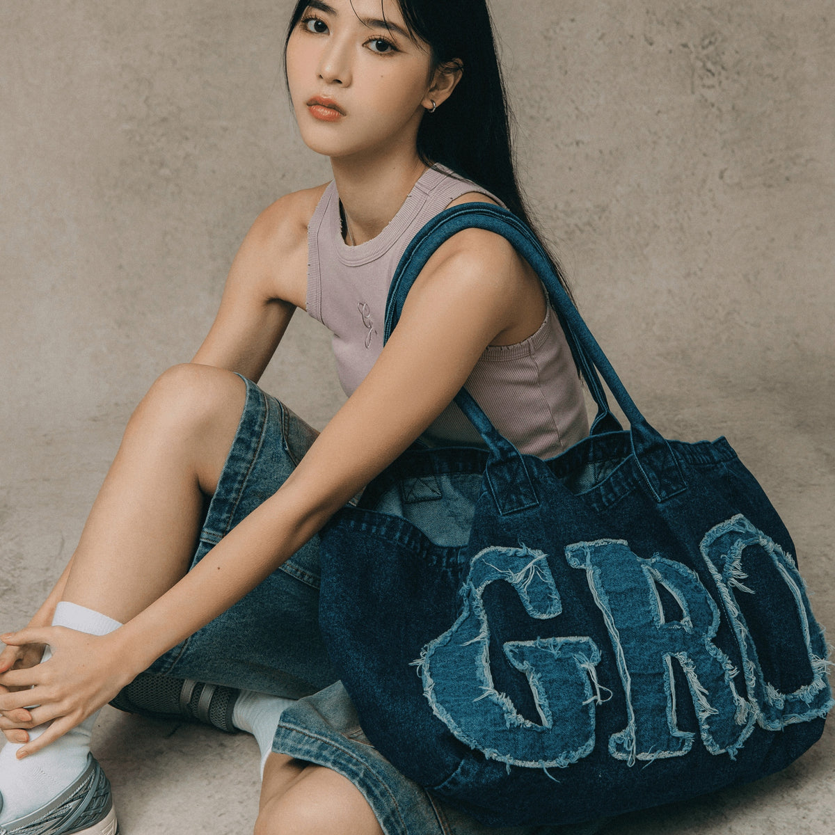 DENIM PATCHWORK LOGO SHOPPER TOTE BAG/ INDIGO BLUE
