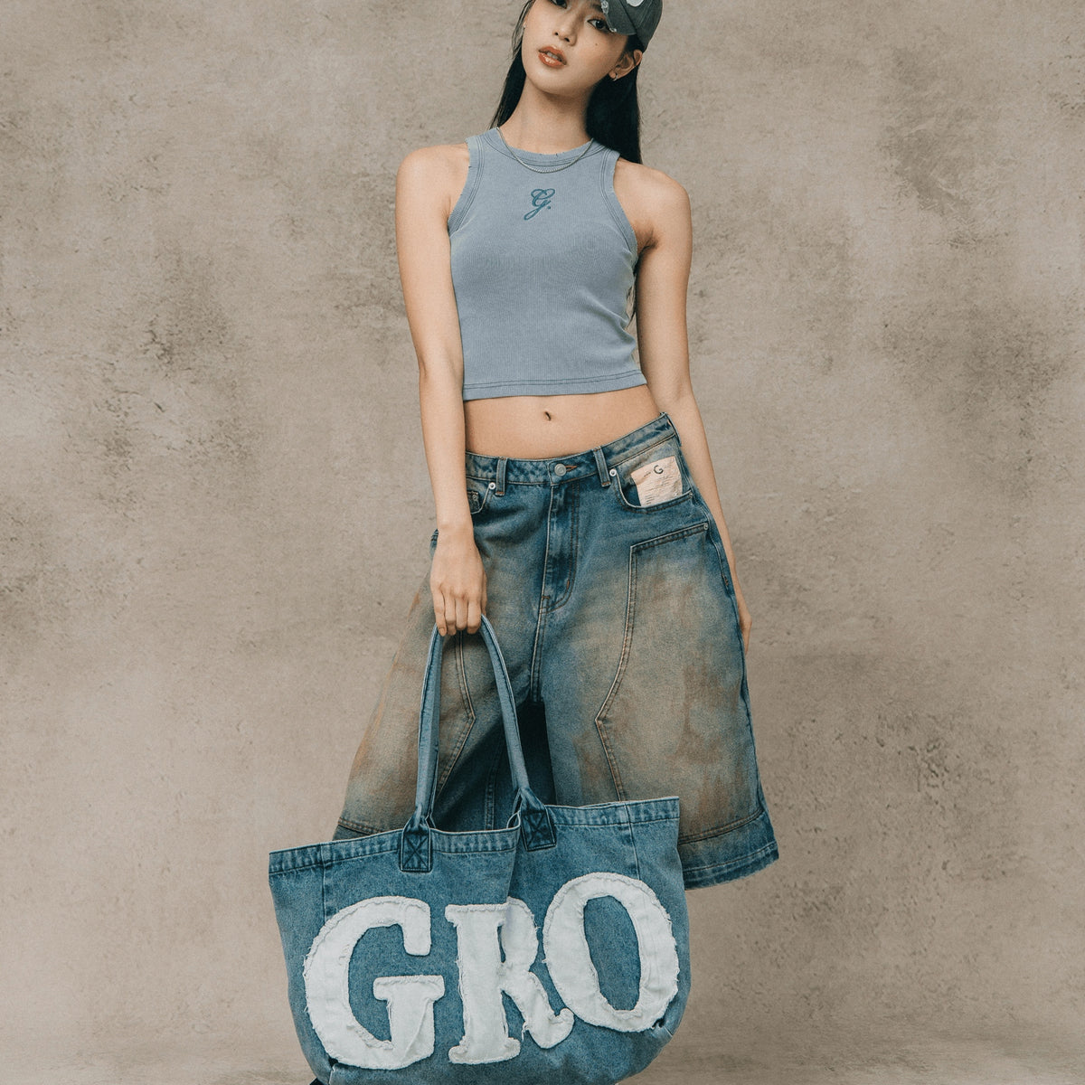 DENIM PATCHWORK LOGO SHOPPER TOTE BAG/ LIGHT BLUE