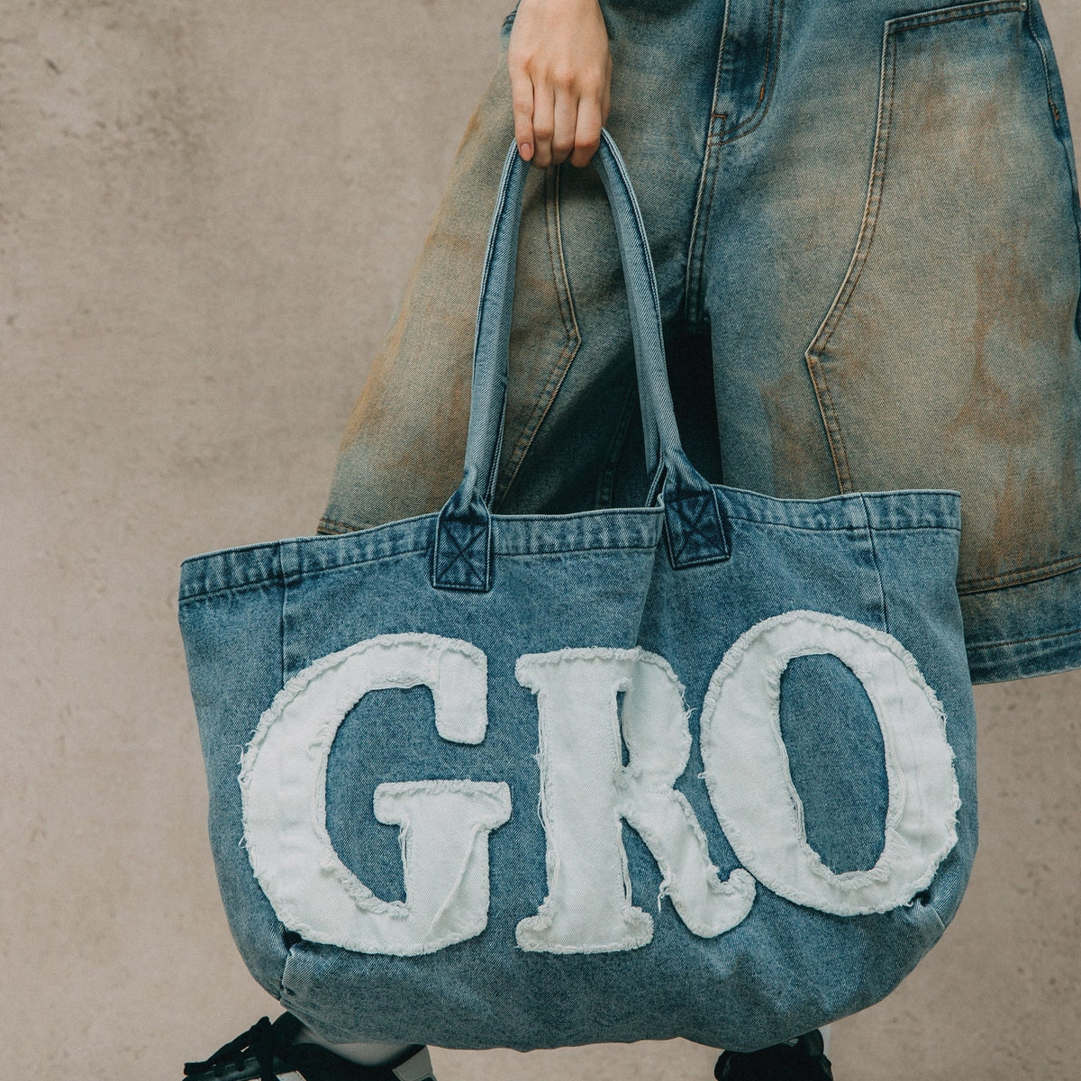 DENIM PATCHWORK LOGO SHOPPER TOTE BAG/ LIGHT BLUE