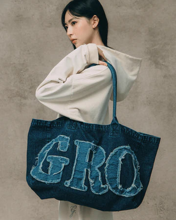DENIM PATCHWORK LOGO SHOPPER TOTE BAG/ INDIGO BLUE