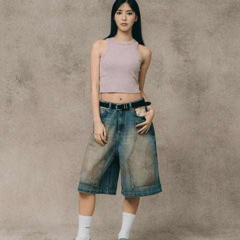 DIRTY WASHED DENIM BAGGY JORTS/ DARK WASH