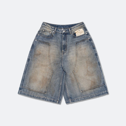 DIRTY WASHED DENIM BAGGY JORTS/ DARK WASH