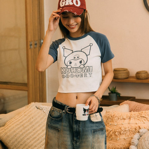 KUROMI RAGLAN BABY TEE/ WHITE & PURPLE