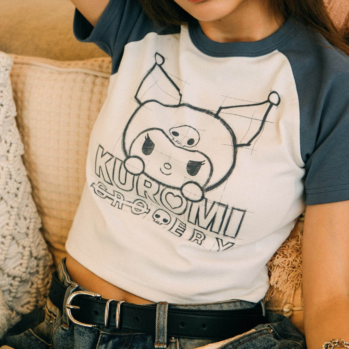 KUROMI RAGLAN BABY TEE/ WHITE & PURPLE