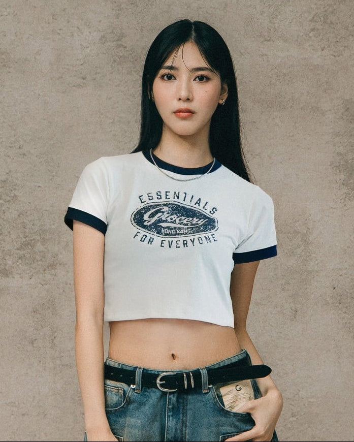 LOGO CROPPED RINGER TEE/ WHITE
