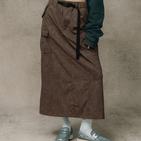 NYLON MULTI POCKET CARGO SKIRT/ BROWN