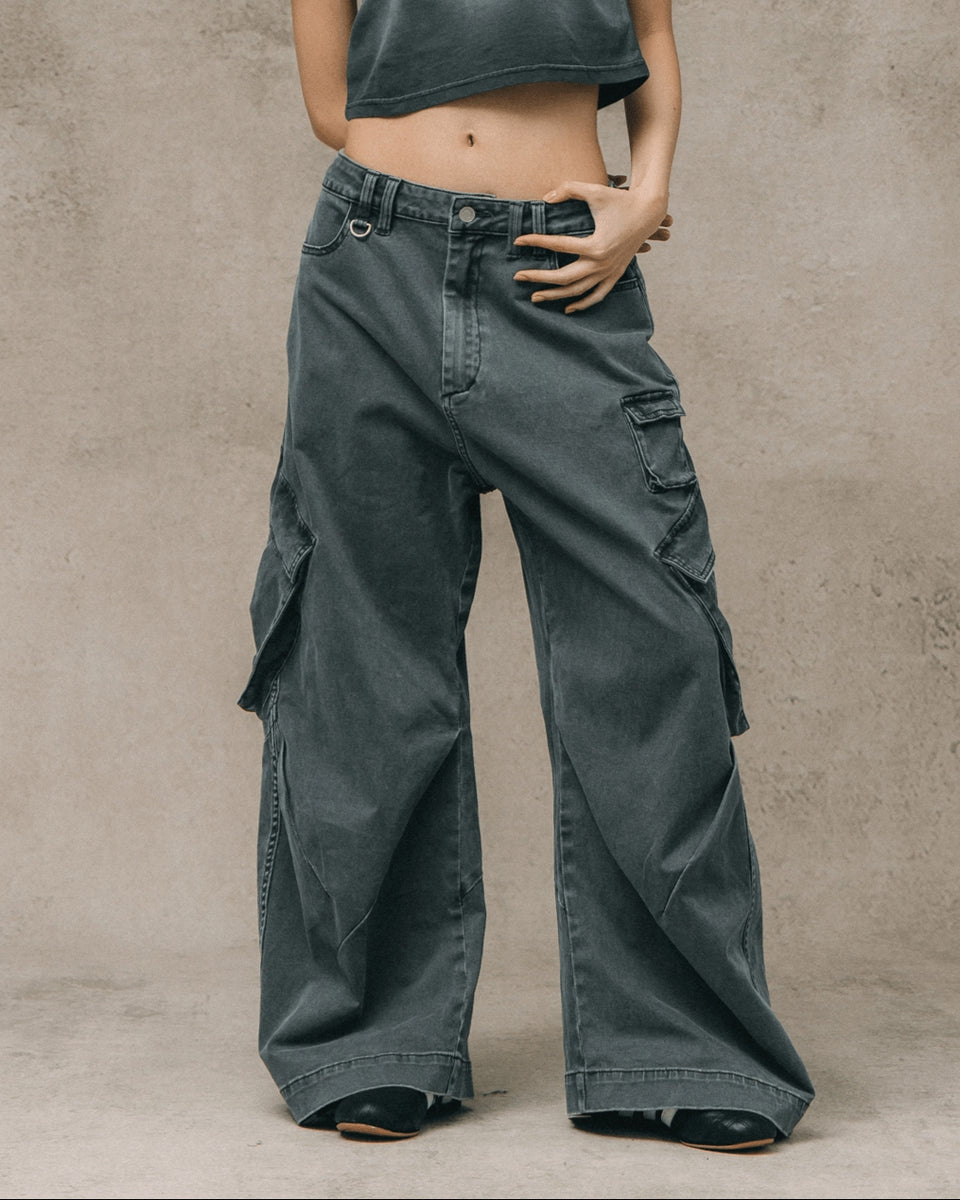 WASHED WIDE LEG CARGO PANTS/ STONE