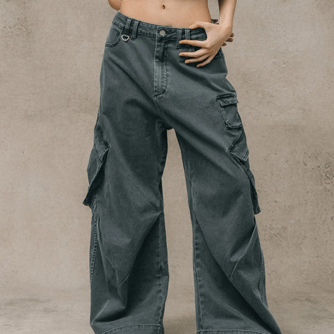 WASHED WIDE LEG CARGO PANTS/ STONE
