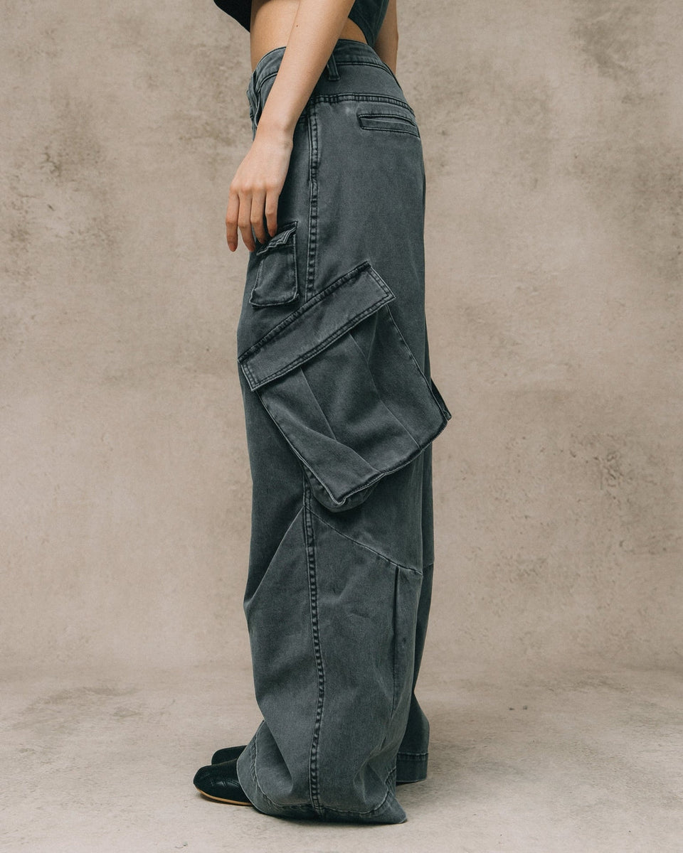 WASHED WIDE LEG CARGO PANTS/ STONE