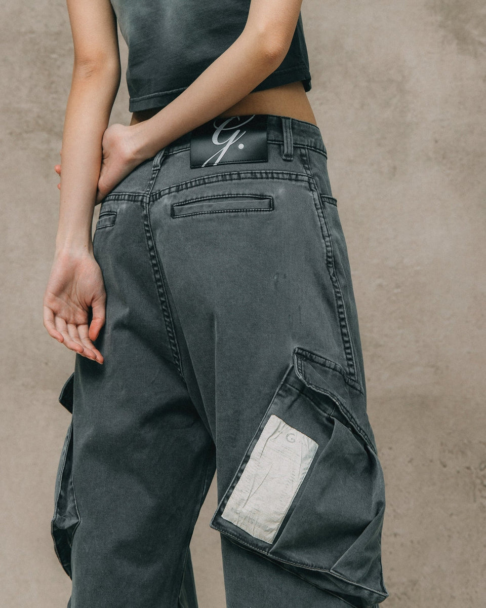 WASHED WIDE LEG CARGO PANTS/ STONE