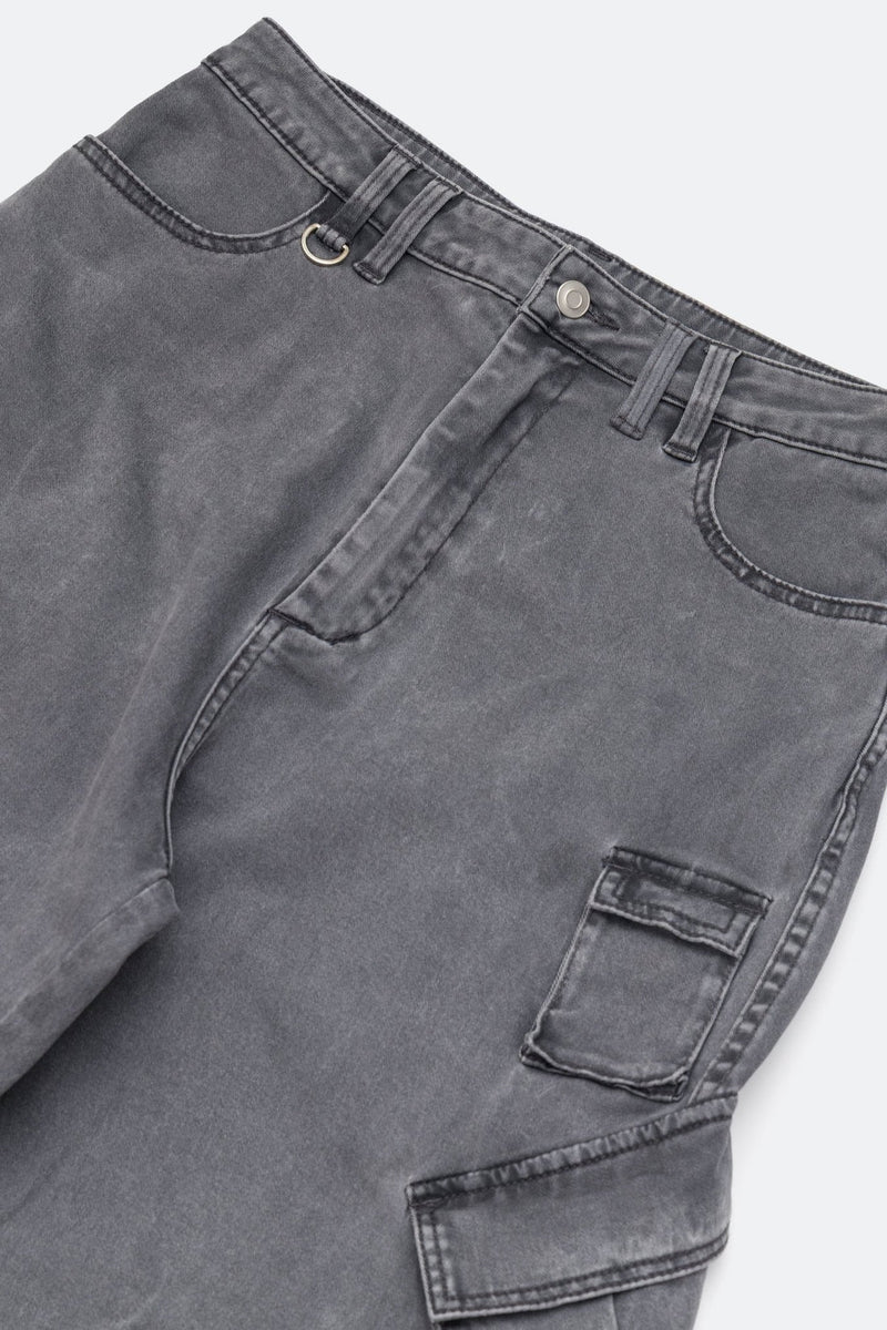 WASHED WIDE LEG CARGO PANTS/ STONE