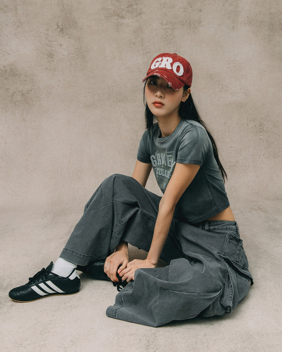 WASHED WIDE LEG CARGO PANTS/ STONE