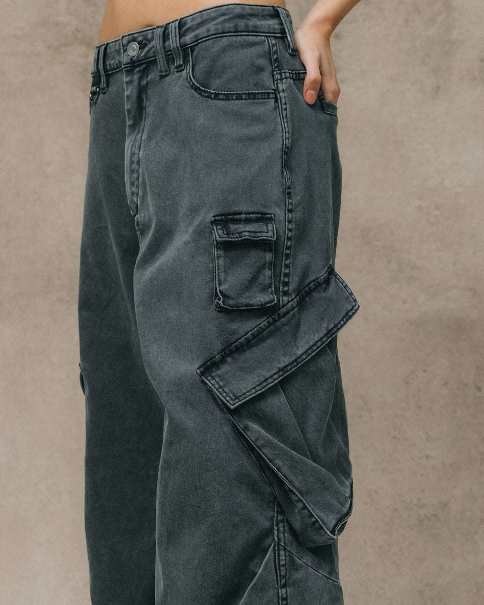 WASHED WIDE LEG CARGO PANTS/ STONE