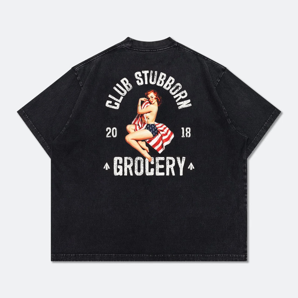 GROCERY x CLUB STUBBORN WASHED AMERICAN GIRL GRAPHIC BOXY TEE - BLACK