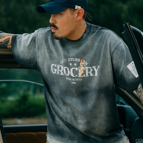 GROCERY x CLUB STUBBORN WASHED LOGO BOXY TEE - FADED CHARCOAL