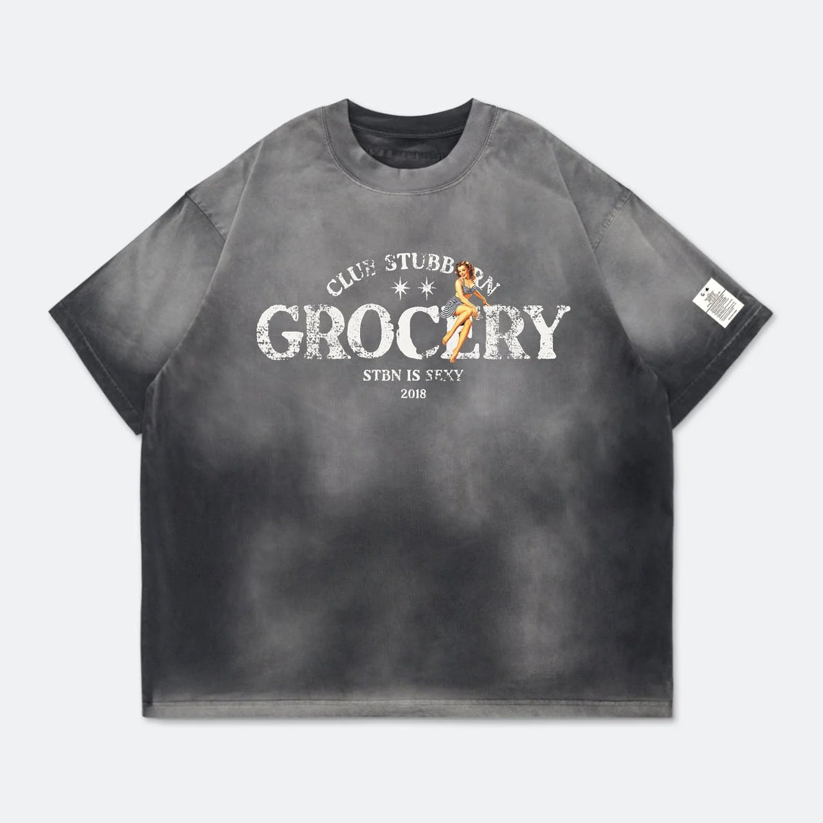 GROCERY x CLUB STUBBORN WASHED LOGO BOXY TEE - FADED CHARCOAL
