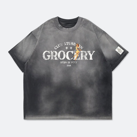 GROCERY x CLUB STUBBORN WASHED LOGO BOXY TEE - FADED CHARCOAL