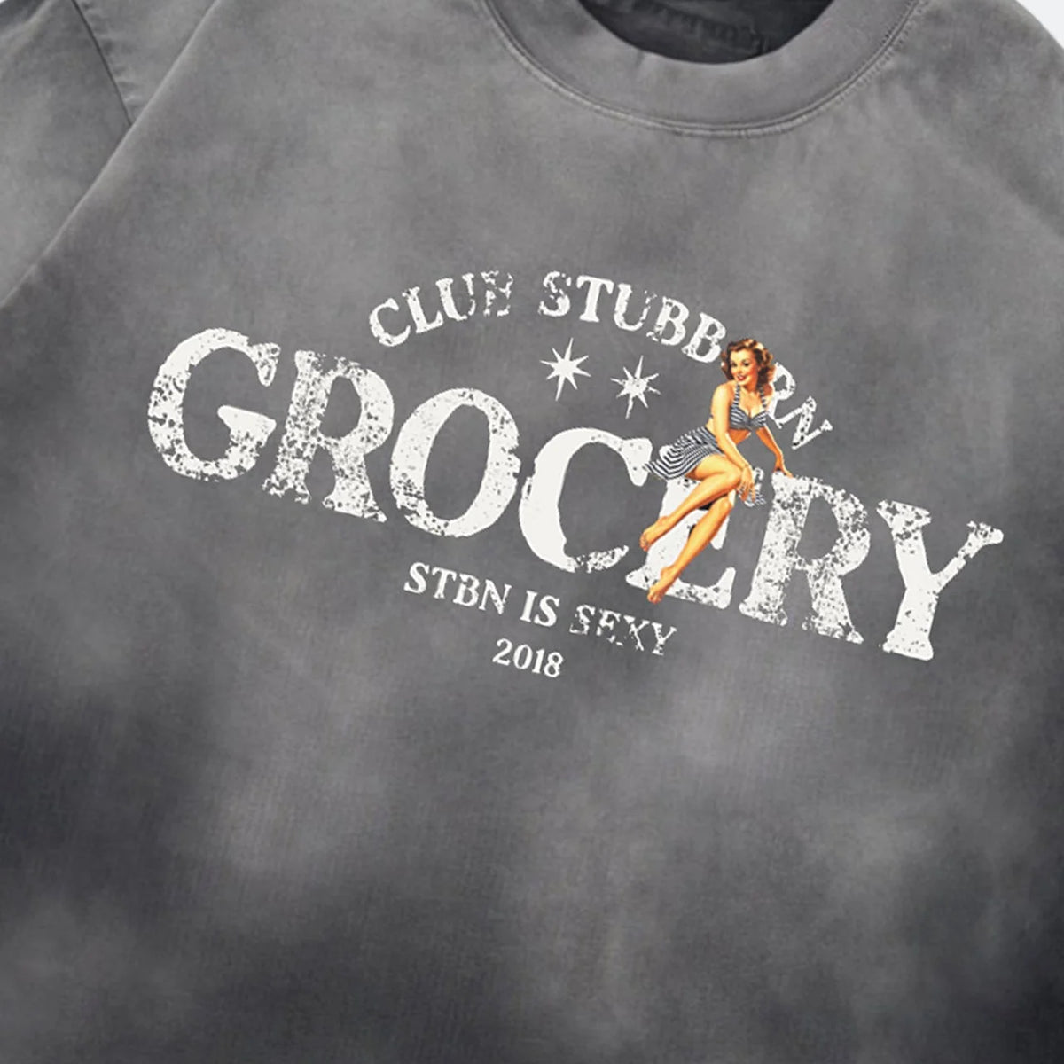 GROCERY x CLUB STUBBORN WASHED LOGO BOXY TEE - FADED CHARCOAL