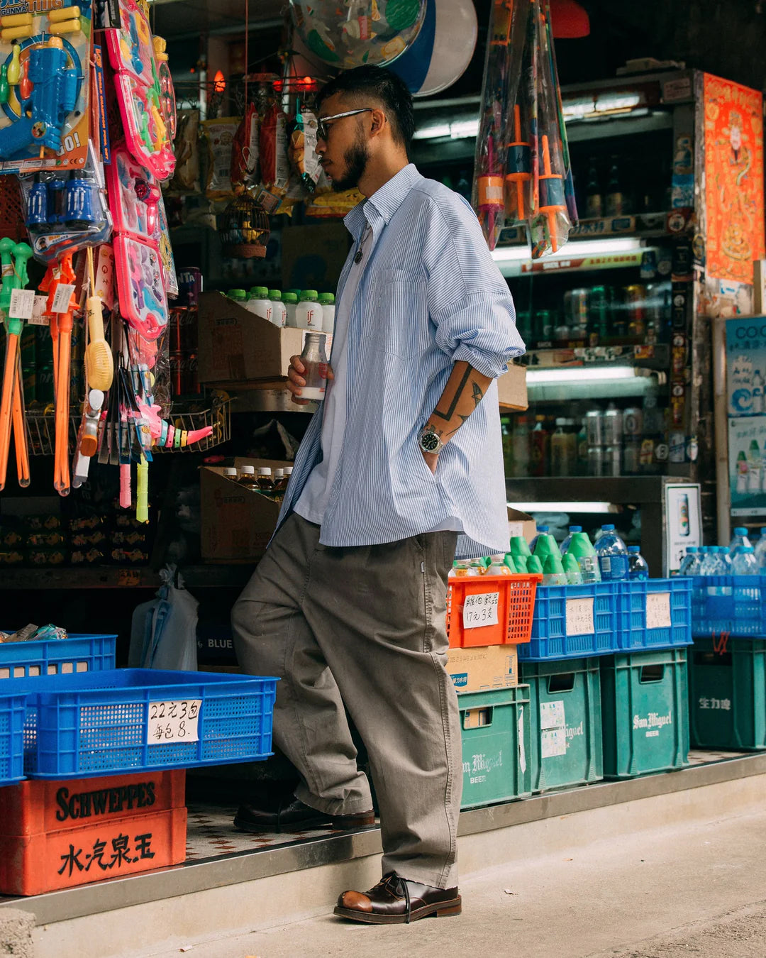 Double Pocket Oversized Oxford Shirt - Blue Stripe